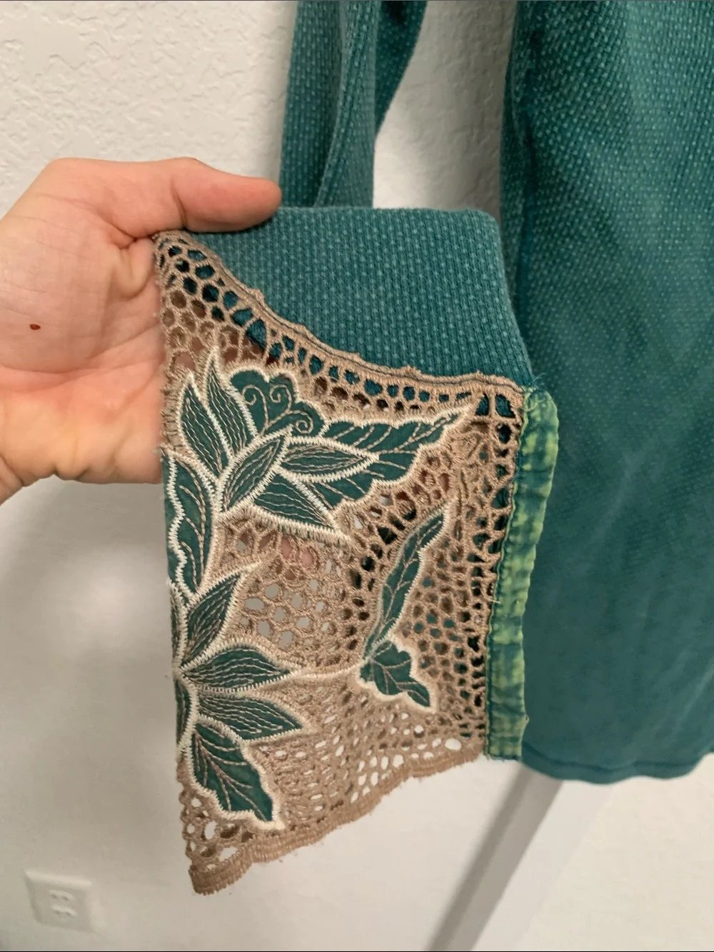 Free People Bali Babe Green Long-Sleeve Knit Top with Lace Cuffs
